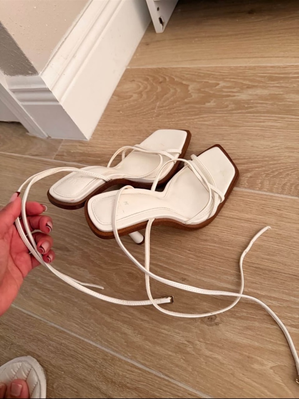Zara White Wrap-Ankle Square Toe Heels